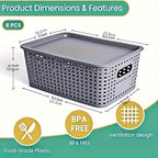 Plastic Storage Basket Set of 8 with Lids - Desktop & Shelf Organization Bins for Documents, Office, Home & Bedroom Storage, Multi-Functional Stackable Baskets - Grey, Black & White