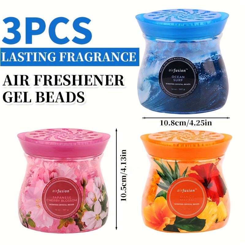 Odor Eliminator Gel Beads Air Freshener 3-Pack 14 oz Each – Essential Oil Formula, Mango Maitai, Cherry Blossom & Ocean Surf Scents for Bathroom, Car, RV & Pet Areas