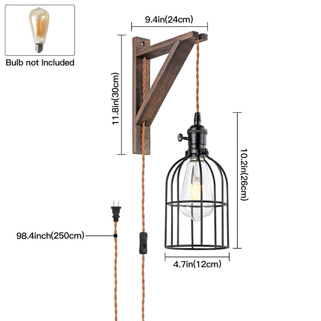 Plug-In Wall Sconces Farmhouse Rustic Metal Cage with Wooden Bracket – Hanging Lamps That Plug Into Wall Outlet for Bedroom, Living Room & Headboard – 1 or 2 Pack