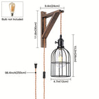 Plug-In Wall Sconces Farmhouse Rustic Metal Cage with Wooden Bracket – Hanging Lamps That Plug Into Wall Outlet for Bedroom, Living Room & Headboard – 1 or 2 Pack