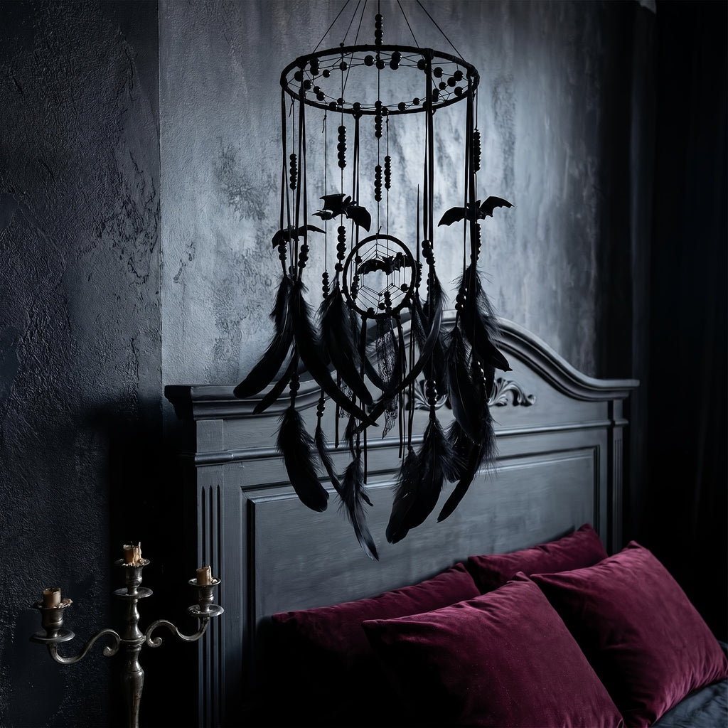 Gothic Bat Dreamcatcher Boho Wall Hanging – Spooky Halloween Decor with Handmade Bat Accents, Black Feathers & Spider Web Fiber for Bedroom, Dorm & Halloween Gift for Kids & Goth Lovers