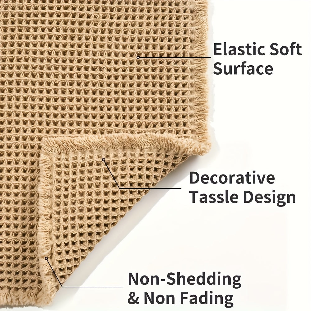 Waffle Bath Mat Rug 17"x24", Super Absorbent Non-Slip Bathroom Rug, Ultra-Soft Machine Washable Bathmat with Tassels for Bathroom Floor & Beside Tub — Light Brown & Yellow