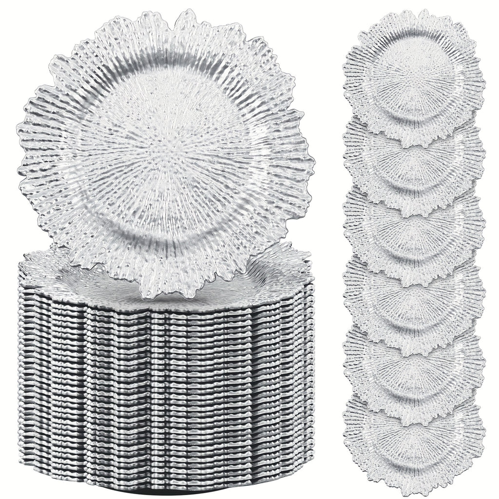 Reef Charger Plates Bulk 100 Pack Silver – 13 Inch Plastic Floral Ruffled Rim Metallic Decorative Wedding Chargers for Party, Holiday & Event Table Settings