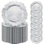 Reef Charger Plates Bulk 100 Pack Silver – 13 Inch Plastic Floral Ruffled Rim Metallic Decorative Wedding Chargers for Party, Holiday & Event Table Settings