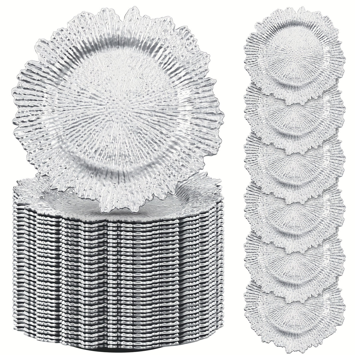 Reef Charger Plates Bulk 100 Pack Silver – 13 Inch Plastic Floral Ruffled Rim Metallic Decorative Wedding Chargers for Party, Holiday & Event Table Settings