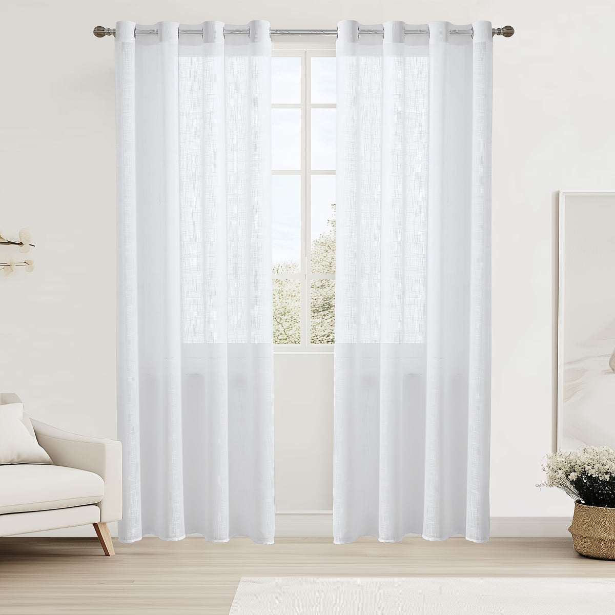Linen Textured Semi-Sheer Grommet Curtains – Light Filtering Farmhouse Panels | Set of 2