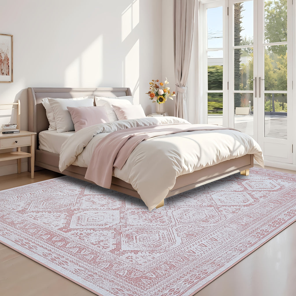 Vintage Retro Area Rug Pink Machine Washable Non-Slip Low Pile for Living Room, Bedroom & Dining – Lightweight Indoor Carpet, 4 Sizes