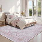 Vintage Retro Area Rug Pink Machine Washable Non-Slip Low Pile for Living Room, Bedroom & Dining – Lightweight Indoor Carpet, 4 Sizes