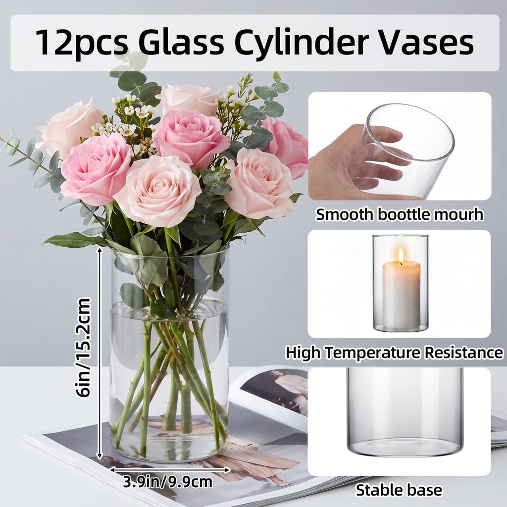 Glass Cylinder Vases Bulk 12 or 24pcs Wedding Centerpieces & Flower Vases 6x3.4in – Clear Floral Vase Set for Banquet, Party, Festival, Restaurant & Home Table Decor