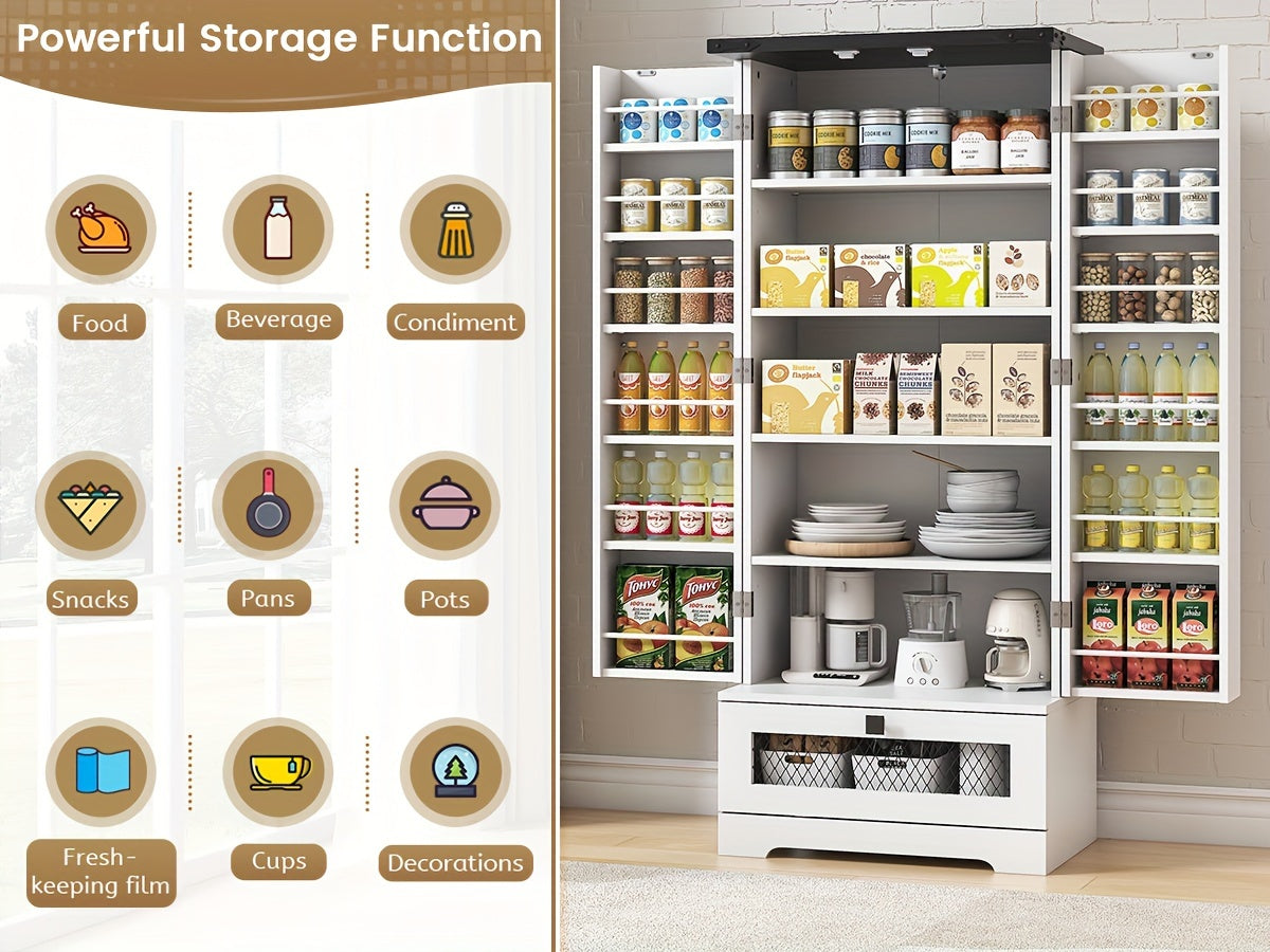 55 Inch Pantry Cabinet Kitchen Storage Cabinet with Adjustable Shelves and Drawer Wooden Buffet Cupboard for Kitchen Living Room Bathroom Dining Room Black White Brown