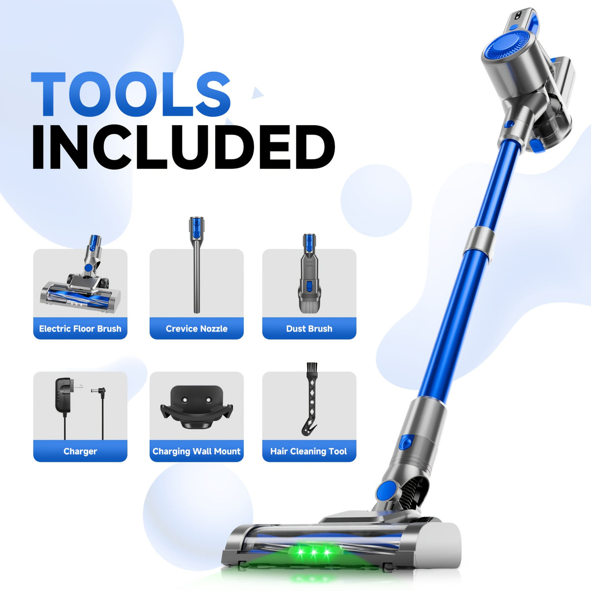 Cordless Vacuum Cleaner 54-64 KPA Lightweight with Anti-Tangle Brush, Removable Battery & Green LED – 45-Min Runtime for Carpet, Pet Hair, Hardwood Floors & Car Detailing