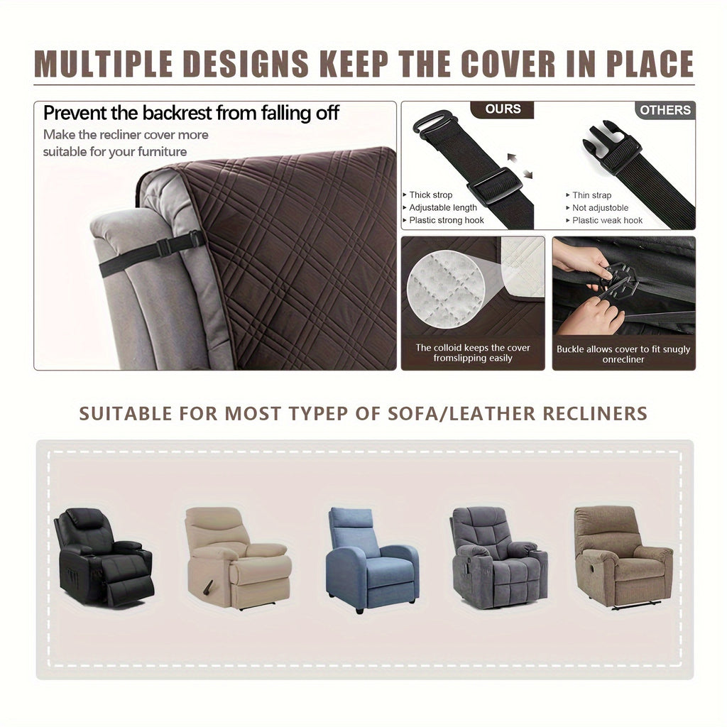 Quilted Recliner Chair Cover with Pocket Non-Slip Hook Loop Closure - 100% Polyester Washable Reclining Chair Slipcover Furniture Protector for Pets Dogs Cats, Easy Install, 9 Colors
