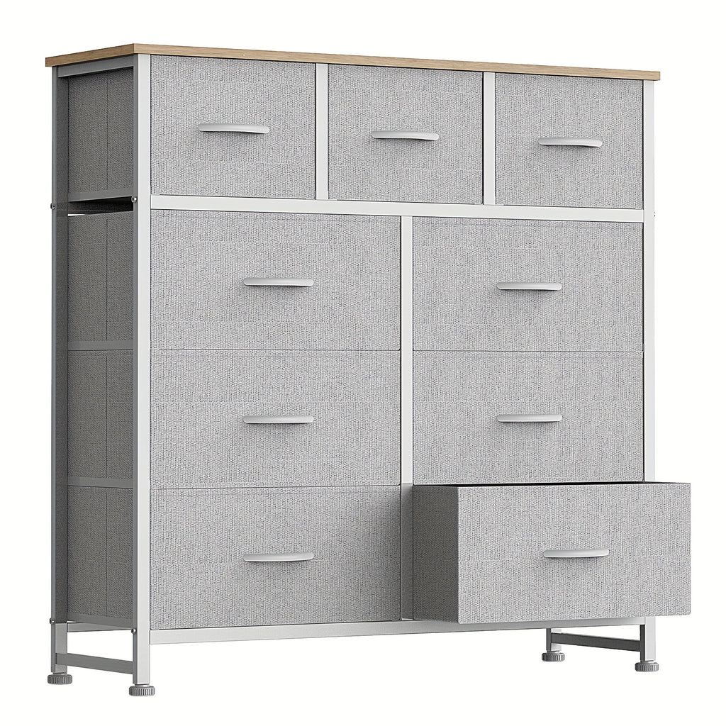 9 Drawer Fabric Dresser with Bins – Tall Chest of Drawers Organizer for Bedroom Closet Hallway Nursery, Steel Frame Wood Top Easy Pull Handles