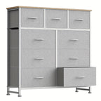 9 Drawer Fabric Dresser with Bins – Tall Chest of Drawers Organizer for Bedroom Closet Hallway Nursery, Steel Frame Wood Top Easy Pull Handles
