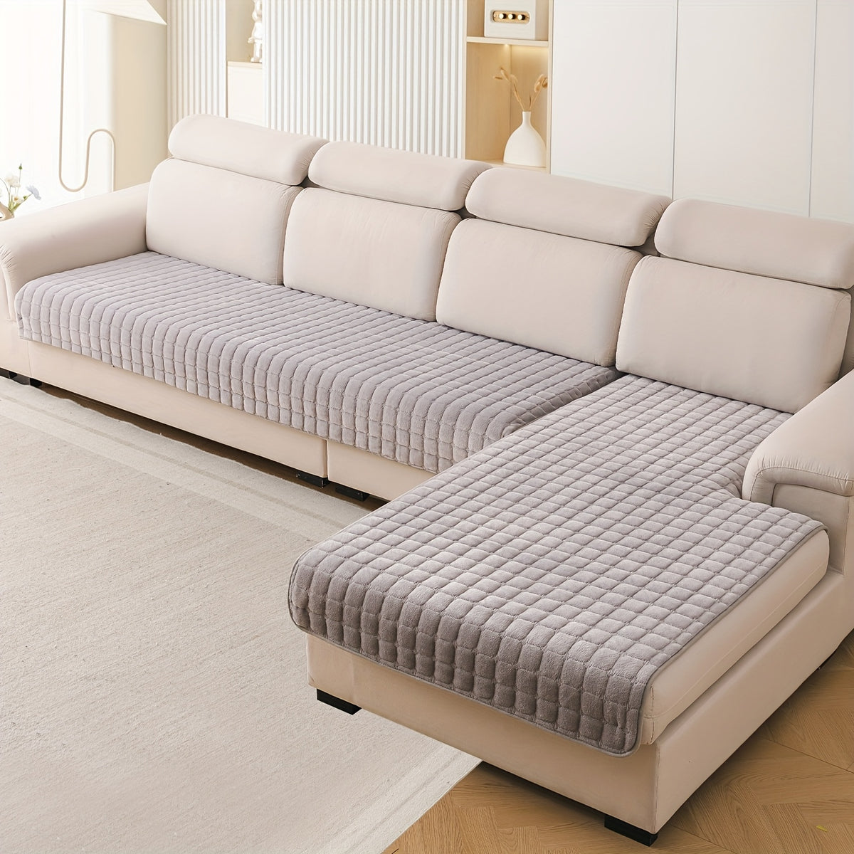 Quilted Short Plush Sofa Protector Set of 2 Ultra Soft Thick Non-Slip Sofa Mat – Pet Friendly, Machine Washable, Fits 3-Seater Sofa, Chaise & Bed Chair, Contemporary Home Decor