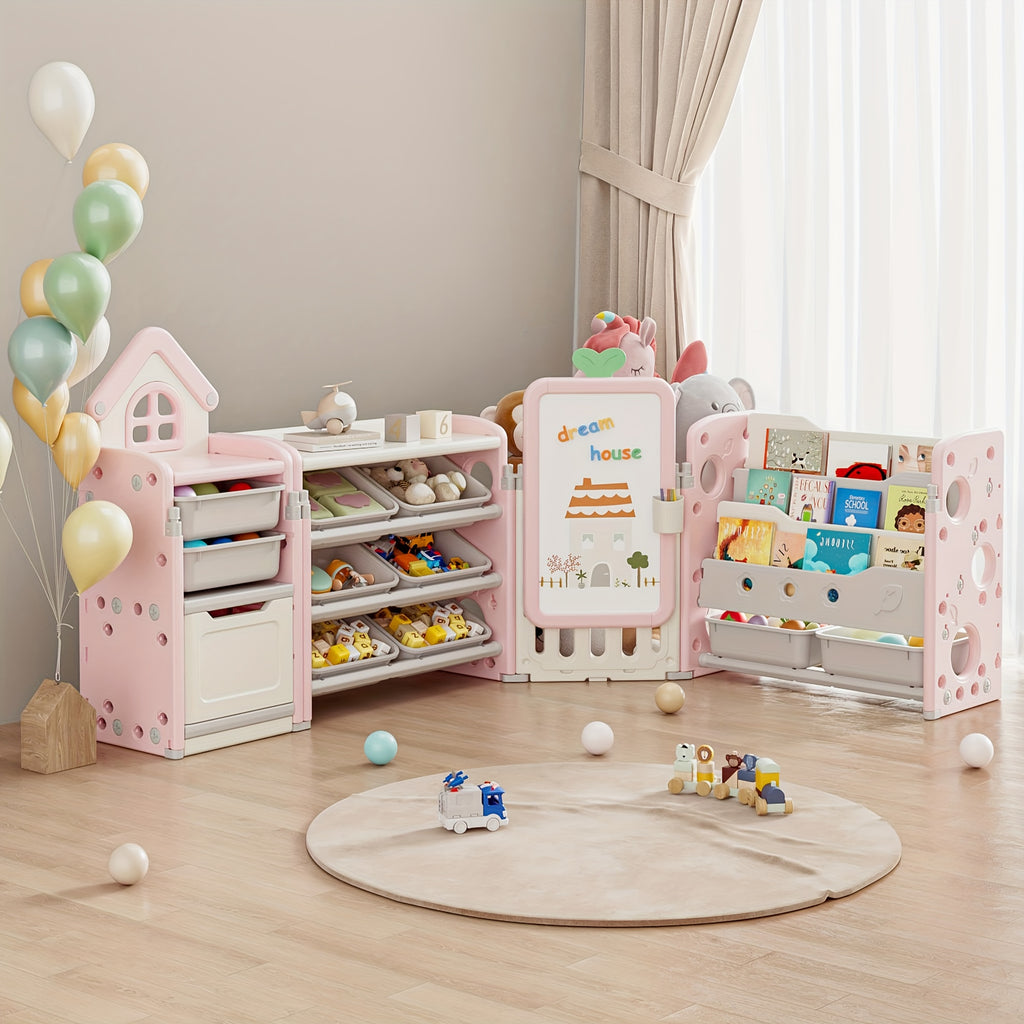 Kids Toy Storage Organizer Foldable with 10 Removable Bins, 3-Tier Bookshelf & Drawing Board – 3-in-1 / 4-in-1 Large Playroom Storage Unit for Bedroom Living Room, L-Shape or Straight, Beige Pink Blue