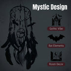 Gothic Bat Dreamcatcher Boho Wall Hanging – Spooky Halloween Decor with Handmade Bat Accents, Black Feathers & Spider Web Fiber for Bedroom, Dorm & Halloween Gift for Kids & Goth Lovers