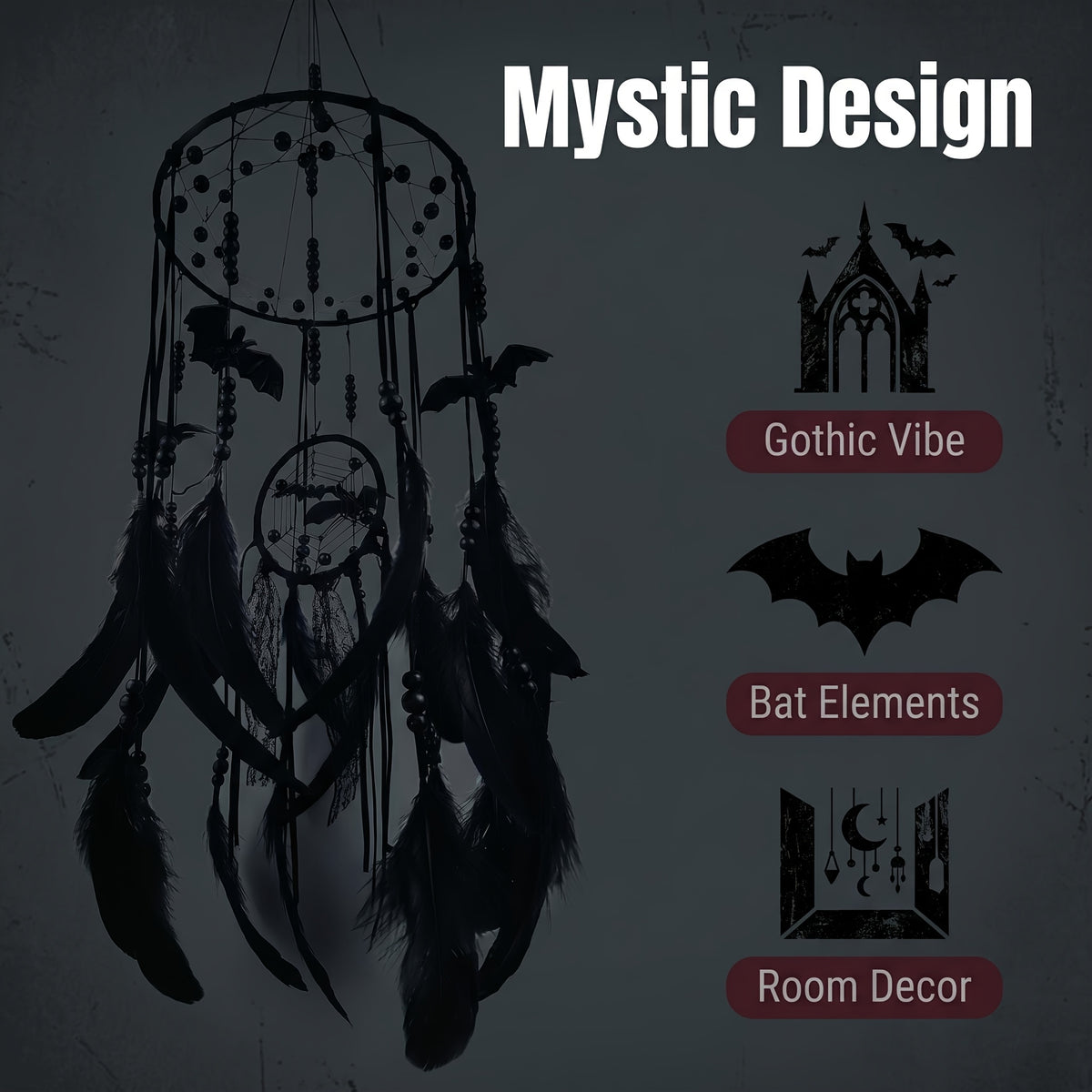 Gothic Bat Dreamcatcher Boho Wall Hanging – Spooky Halloween Decor with Handmade Bat Accents, Black Feathers & Spider Web Fiber for Bedroom, Dorm & Halloween Gift for Kids & Goth Lovers