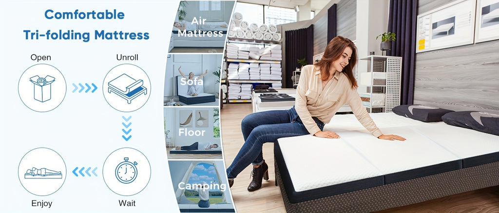 Portable Tri-Fold Memory Foam Mattress | 3" & 4" Foldable Floor Mattress with Washable Cover – Camping, Guest, Floor Sleeping | Single, Twin, Twin XL, Full, Queen