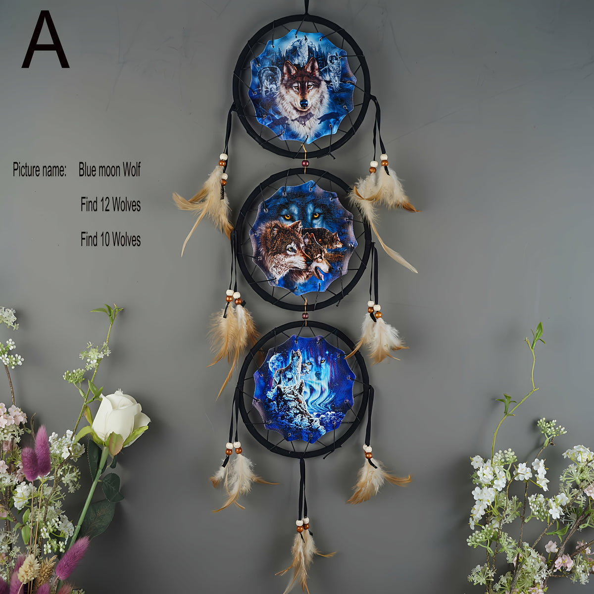 Wolf Dream Catcher Wall Decor – Boho Bedroom Wall Hanging Native American Style Dream Catcher Gift for Boys Kids Teen Room
