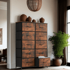 10-Drawer Fabric Storage Cabinet with Hardwood Tabletop | Dresser Organizer for Clothing Bags & Accessories | Black White Rust Gray