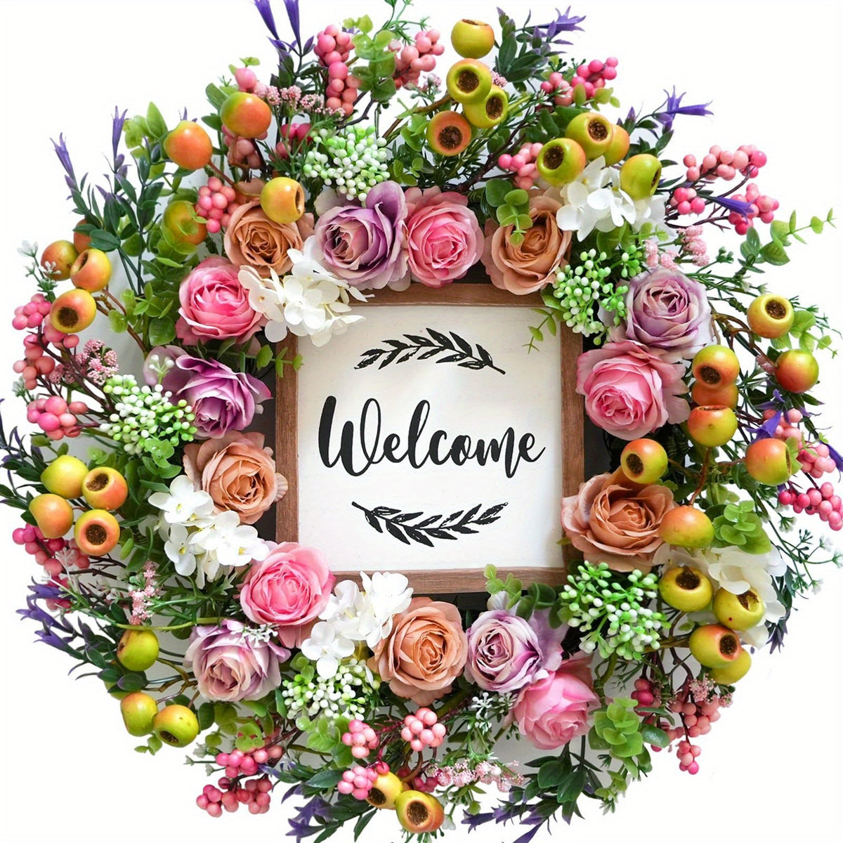 18 Inch Spring Summer Welcome Wreath for Front Door – Artificial Berry & Floral Decor with Welcome Sign, All Season Wall & Window Hanging, Mother's Day & Graduation Gift