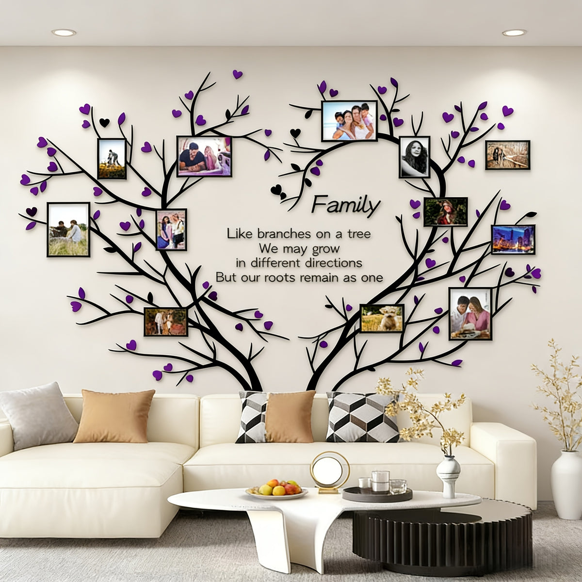 Family Tree Collage Frame Wall Decor - Removable 3D Acrylic Heart Design Photo Frames - DIY Peel and Stick Wall Art for Living Room and Bedroom - Unique Family Gift for Home