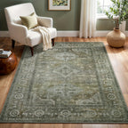 Washable Area Rug Sage Green Vintage Print - Low Pile Non-Slip Backing, Machine Washable Thin Flat Rug for Living Room Bedroom Entryway, Multiple Sizes