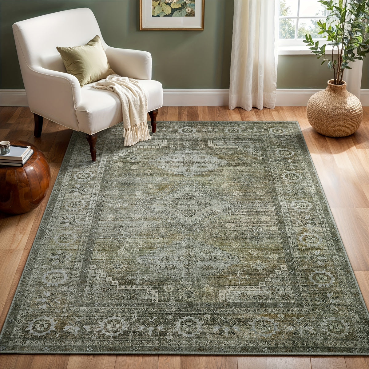 Washable Area Rug Sage Green Vintage Print - Low Pile Non-Slip Backing, Machine Washable Thin Flat Rug for Living Room Bedroom Entryway, Multiple Sizes
