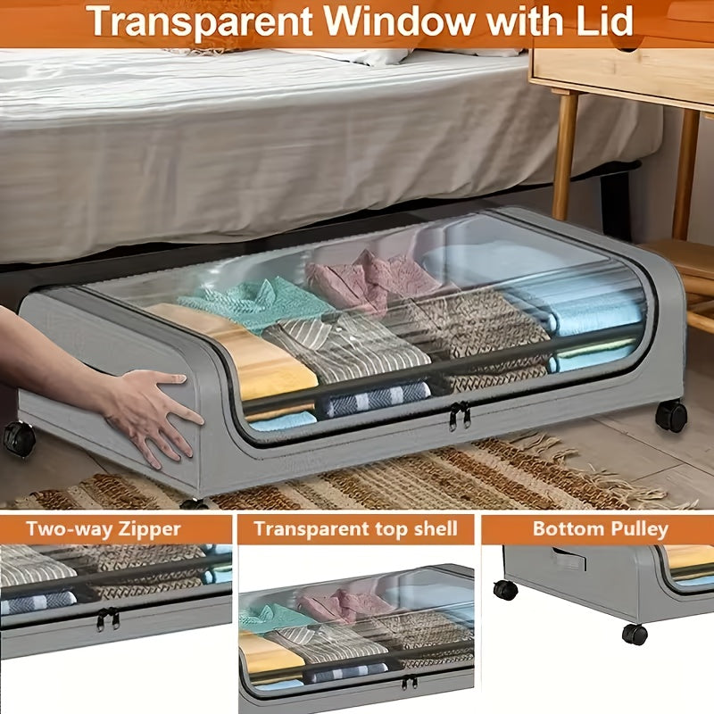 Rolling Under Bed Storage with Wheels - Metal Drawer Organizer for Clothes, Blankets, Shoes & Bedding, 1pc or 2pcs, Gray & Black, Wheeled Storage Box