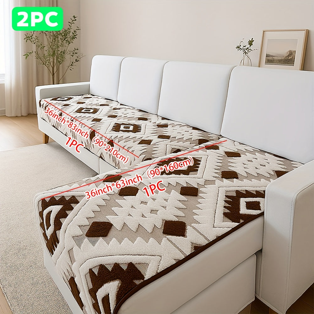 Bohemian Jacquard Sofa Cover Set 2pcs - Plush Thick Non-Slip L-Shaped Geometric Pattern Pet-Friendly All-Season Sofa Protector Machine Washable for Sectional Couches and Loveseats