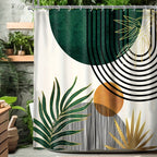 Bohemian Abstract Shower Curtain 72”×72” – Moon Phase Leaf Geometric Watercolor Bathroom Curtain | Boho Mid-Century Aesthetic Shower Decor in Blue & Green