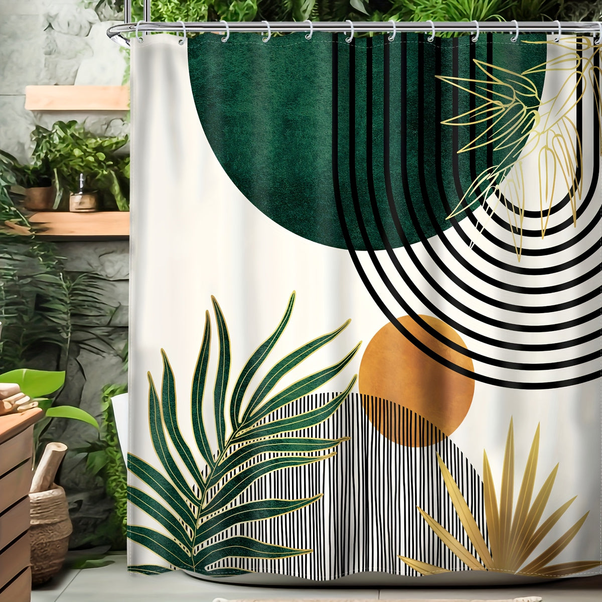 Bohemian Abstract Shower Curtain 72”×72” – Moon Phase Leaf Geometric Watercolor Bathroom Curtain | Boho Mid-Century Aesthetic Shower Decor in Blue & Green