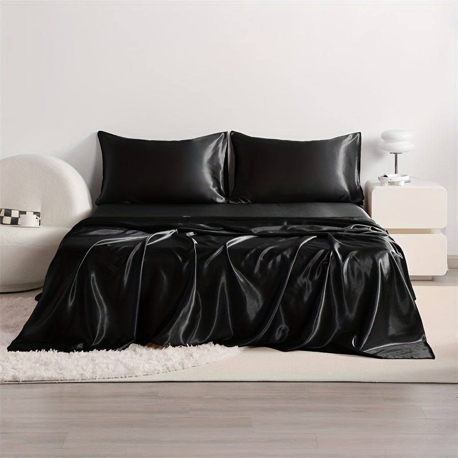 Cooling Satin Bed Sheet Set 4-Piece – Hypoallergenic Breathable Deep Pocket Flat & Fitted Sheet with Pillowcases, 300 GSM, 15 Colors, Twin to Cal King