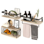 Wall Mounted Shelf 3+1 Tier with Black Metal Guardrails and Storage Baskets Space Saving Floating Shelves for Kitchen Bathroom Bedroom Living Room Home Decor