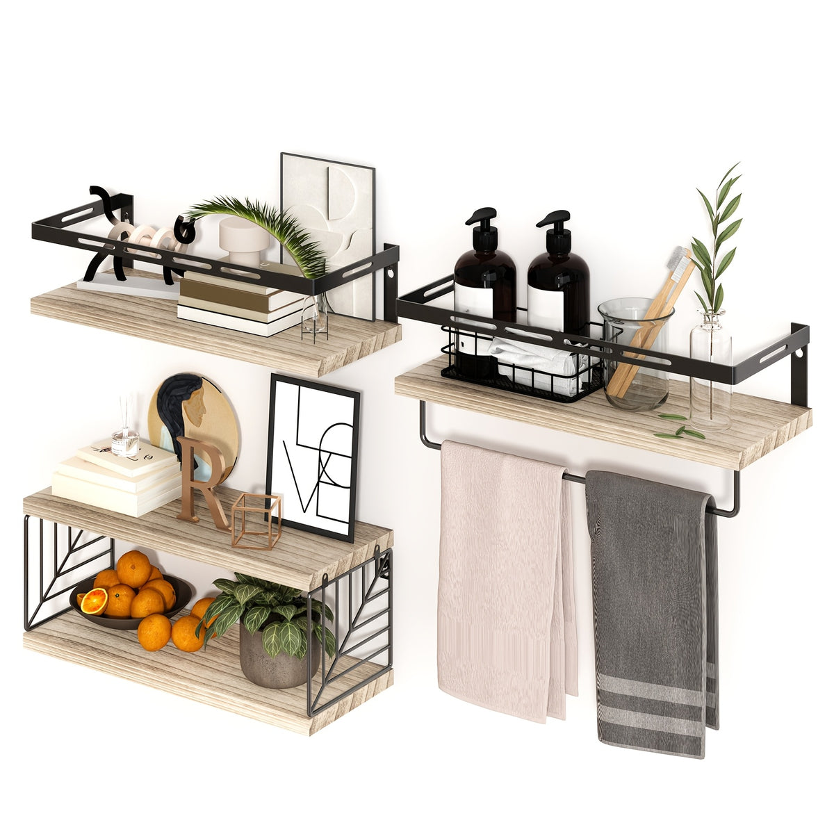 Wall Mounted Shelf 3+1 Tier with Black Metal Guardrails and Storage Baskets Space Saving Floating Shelves for Kitchen Bathroom Bedroom Living Room Home Decor