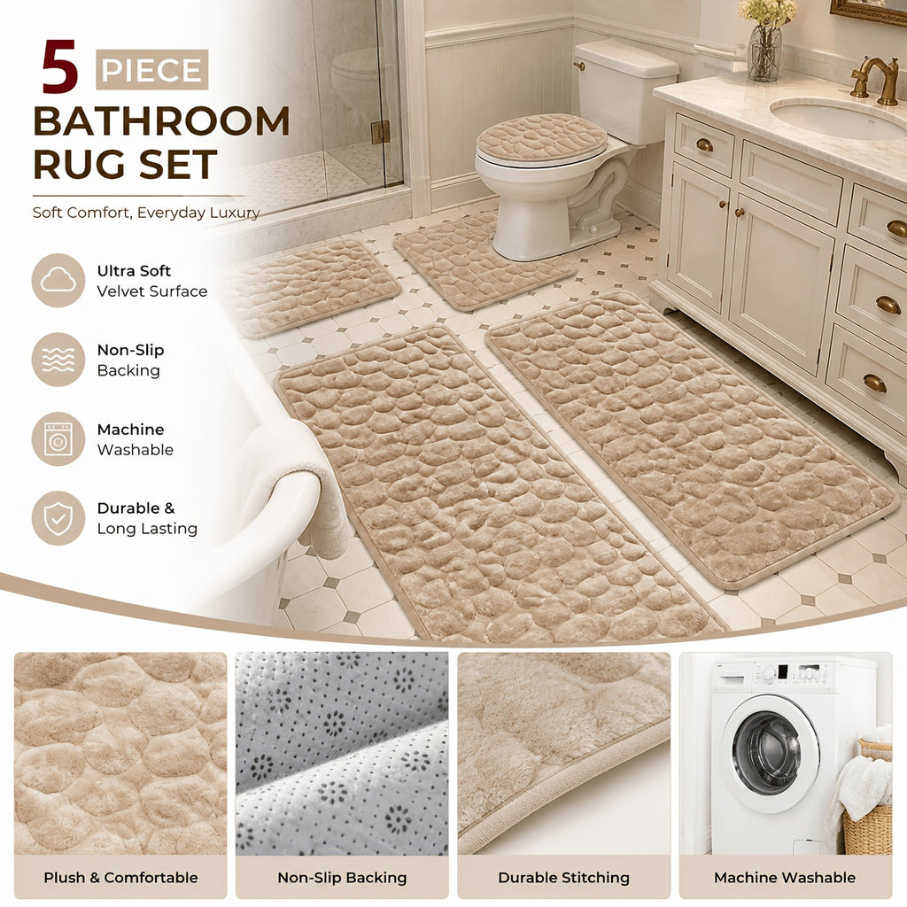 Super Absorbent Bath Mat Set 5 Piece Non-Slip Ultra Soft Bathroom Rugs, Premium Floor Mats for Bathtub Shower Vanity, 4 Colors Available