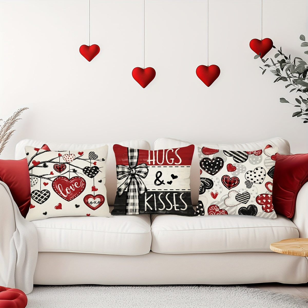 Set of 4 Valentine's Day Throw Pillow Covers – Red & Black Striped Bow | 18x18 inch