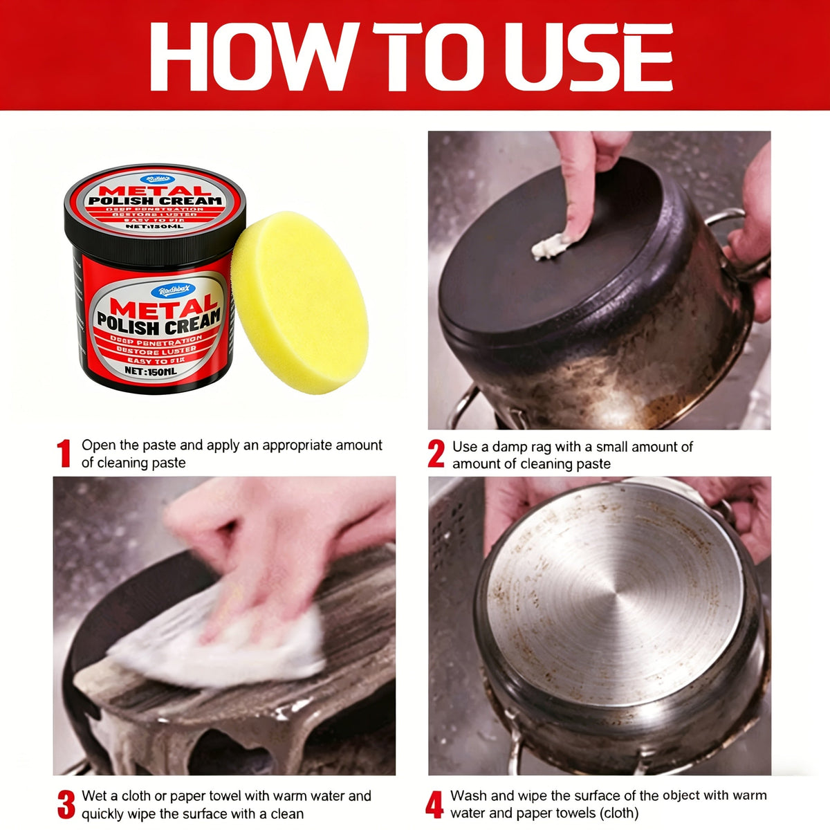 Metal Polishing Paste Multi-Purpose Stainless Steel Restoring Cream for Kitchen Appliances, Ovens, Range Hoods & Alloy Surfaces - Glycerin Formula, Smooth Finish, Long-Lasting Shine