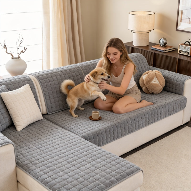 Short Plush Sofa Cover Soft Thick Pet Friendly All Season Sofa Protector Machine Washable for 1 2 3 4 Seater Living Room Bedroom Office Winter