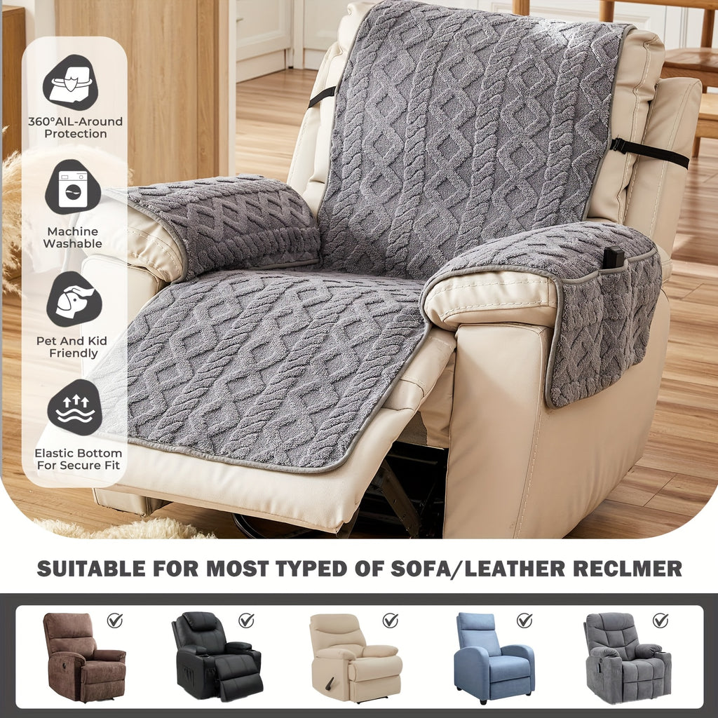 Thickened Shu Velvet Fleece Non-Slip Recliner Cover Plush Sofa Chair Cover – Warm Cozy Furniture Protector for Living Room Office Home, All-Season Recliner Slipcover