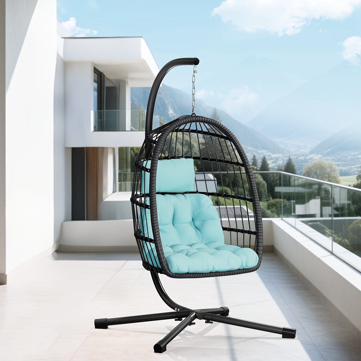 Egg Chair with Stand Rattan Wicker Outdoor Swing Hammock Chair Thickened Aluminum Frame UV-Resistant Cushion 350LBS Single or Two-Seater