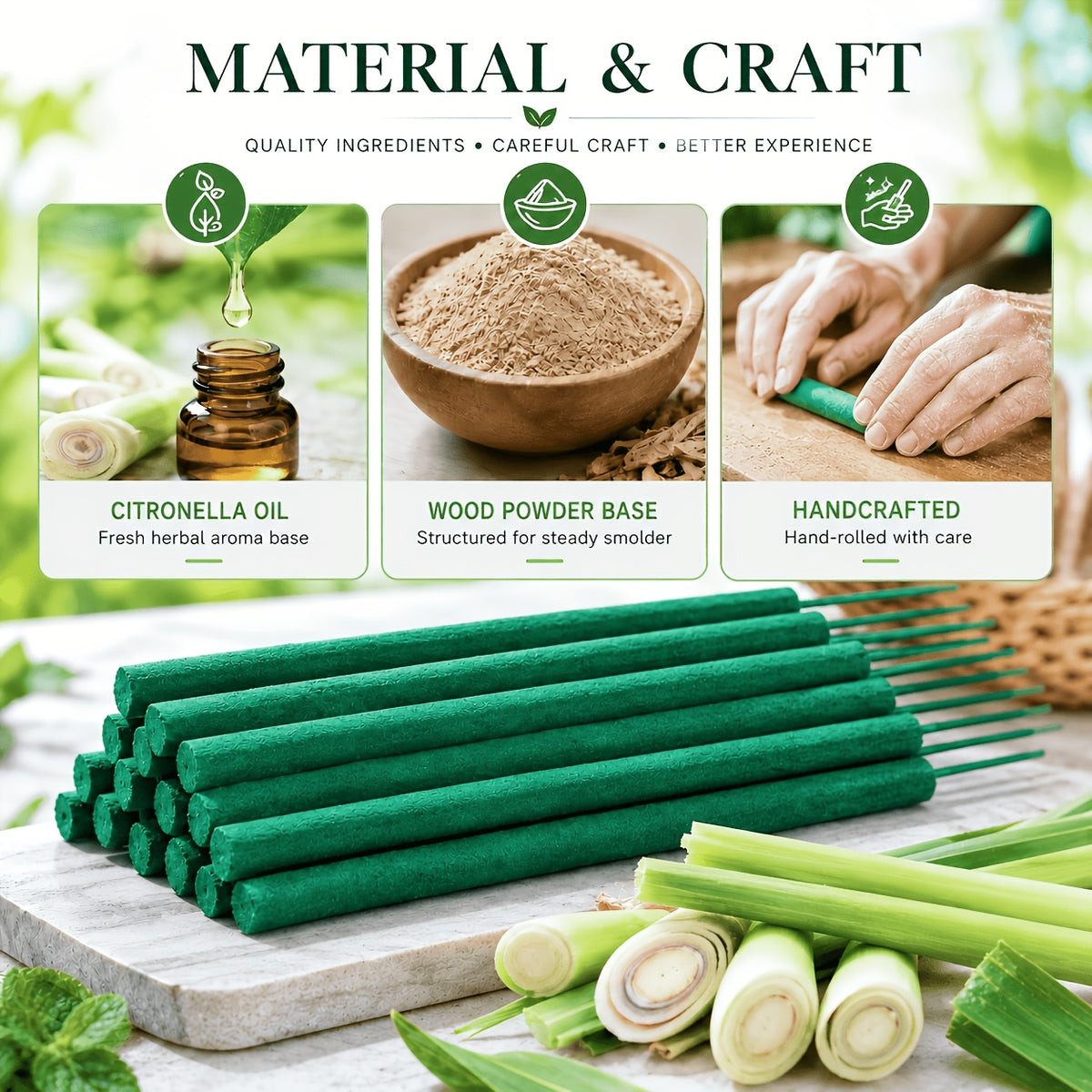 Lemongrass Incense Sticks Giant 25pcs Outdoor – 10.63" Extra Long Herbal Scented Sticks with Mint & Rosemary for Patio, Camping & Backyard