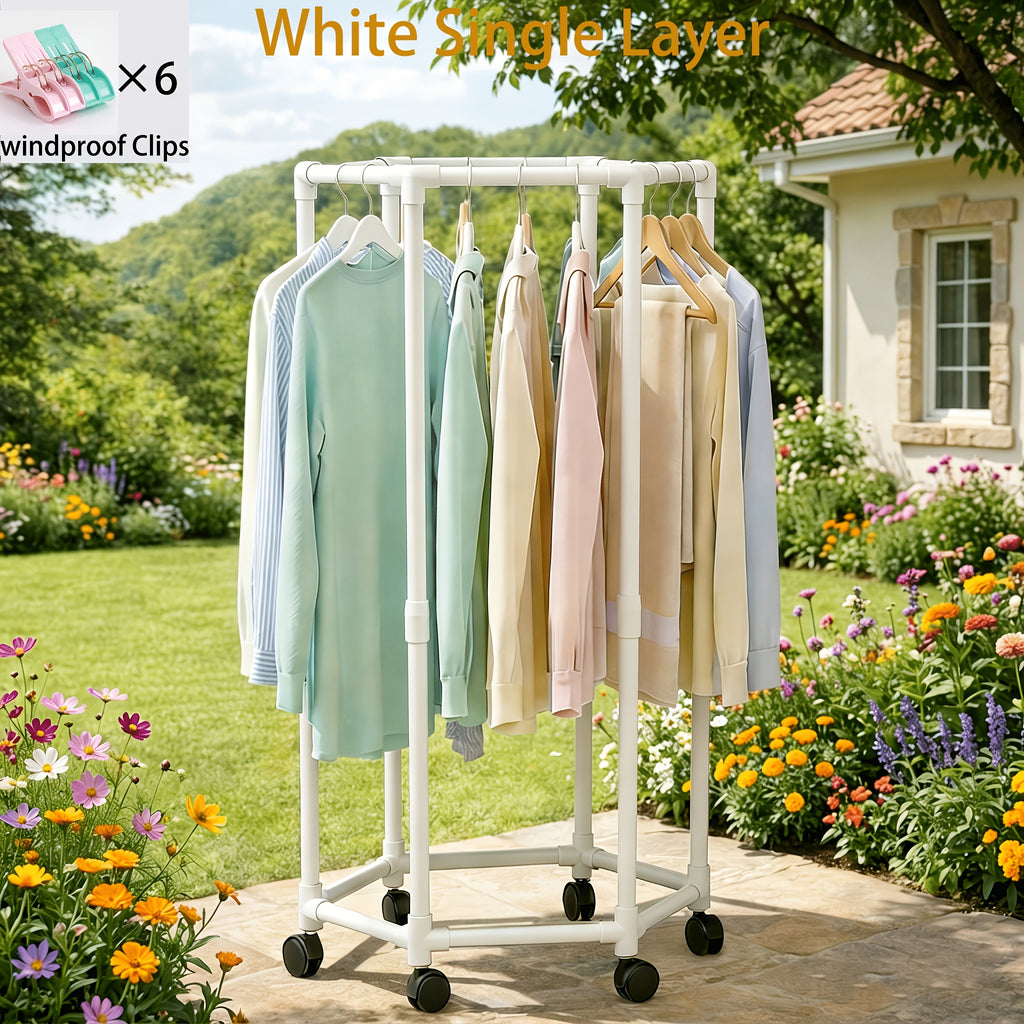 360° Rotating Clothes Rack with Wheels Heavy Duty Metal Hexagonal Garment Organizer for Bedroom Closet Laundry Room