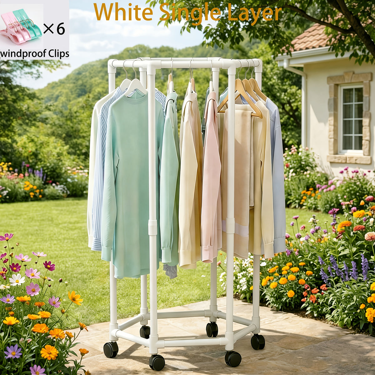 360° Rotating Clothes Rack with Wheels Heavy Duty Metal Hexagonal Garment Organizer for Bedroom Closet Laundry Room