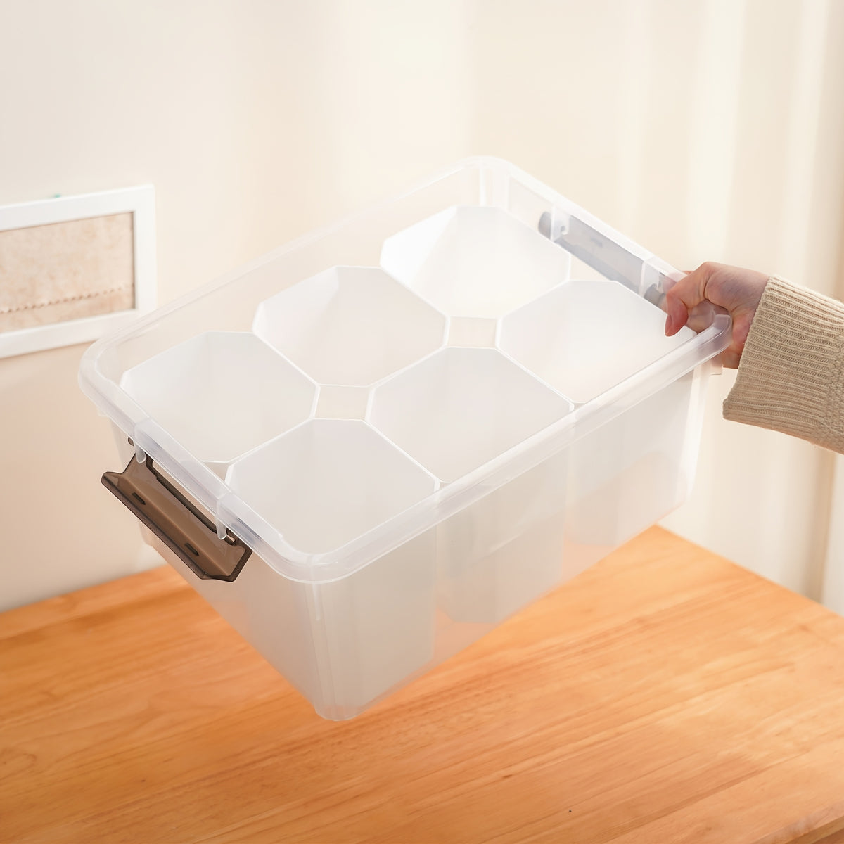 Clear Lid Desktop Storage Box with 6 Detachable Inserts – Stackable PP5 Plastic Organizer Bin for Office Desk, Dresser, Stationery, Jewelry, Cosmetics & Craft Supplies