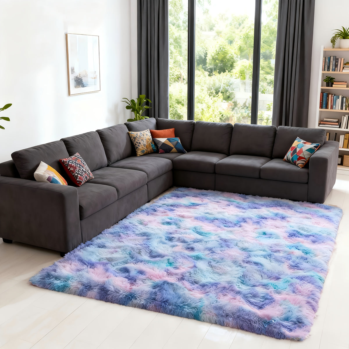 Tie-Dye Rainbow Purple Shag Area Rug Non-Slip Machine Washable, Ultra Soft Fluffy Carpet for Living Room Bedroom Kids Room, 4 Sizes 3x5ft to 8x10ft