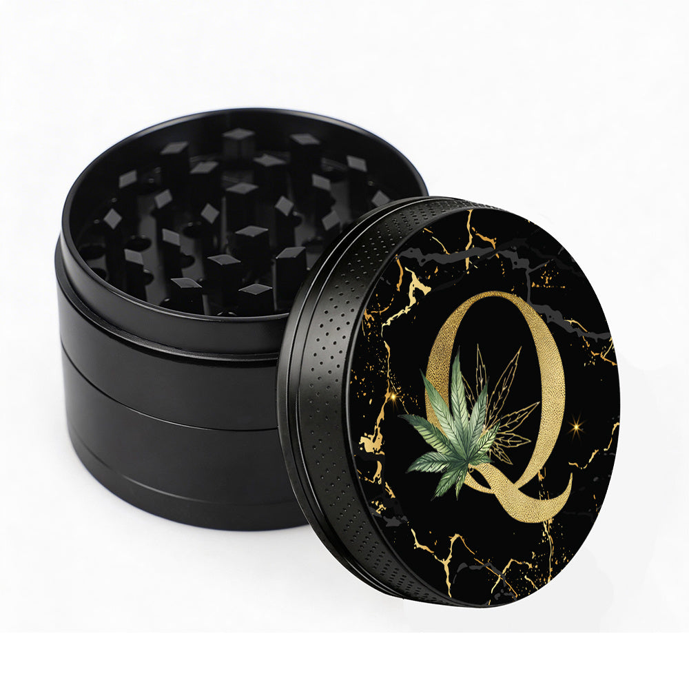 Manual Spice & Herb Grinder with Pollen Catcher - Personalized A-Z Initial Letter Metal Crusher, Portable 2 Inch Golden Marble Alphabet Design, Gift for Smokers & Herb Lovers (Black)