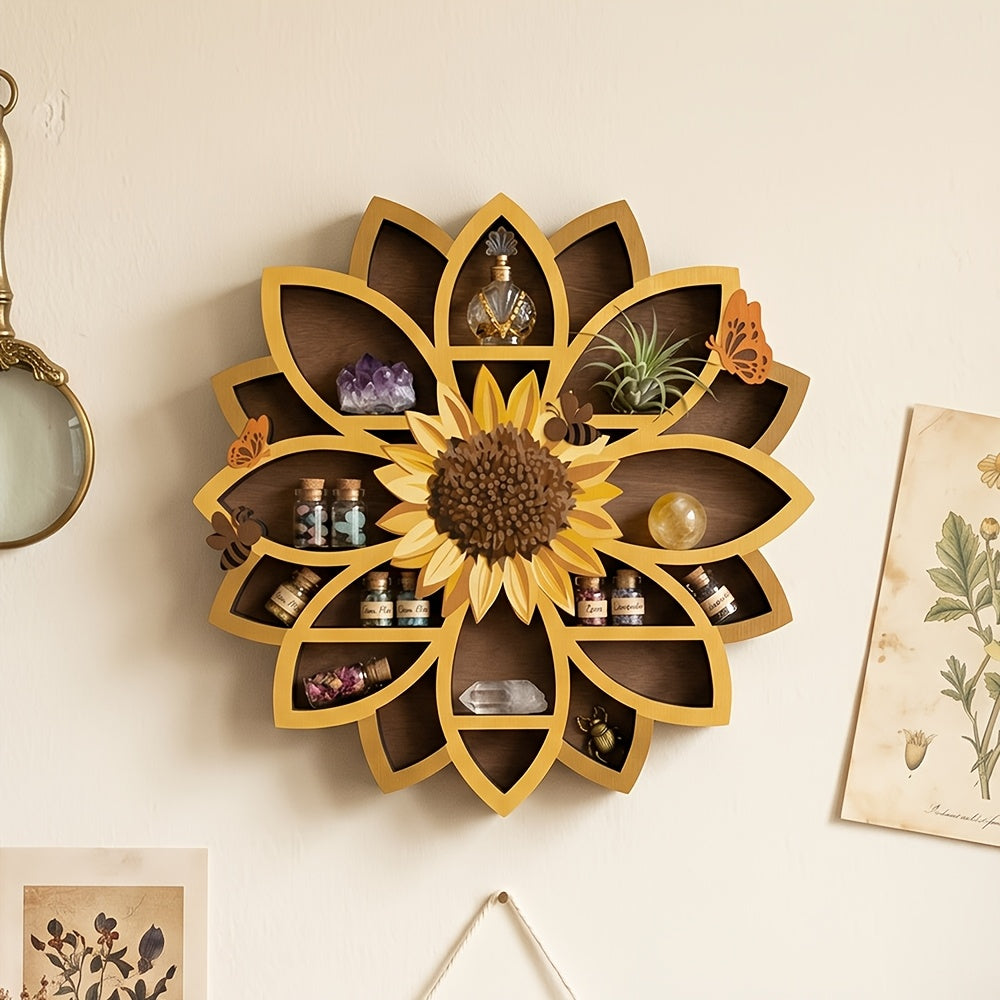 Wooden Sunflower Floating Shelf Wall-Mounted UV Printed Spiritual Decor – Crystal & Essential Oil Organizer, Meditation Room Wall Art, Living Room Storage Shelf
