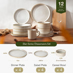12-Piece Stoneware Dinnerware Set for 4 – Reactive Glaze Plates & Bowls, Lead-Free, Microwave & Dishwasher Safe, Raised Stripe Edge Design (Cappuccino White or Vanilla White)
